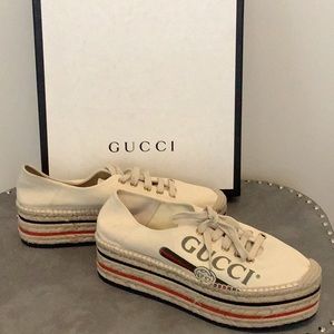 GUCCI Canvas Logo Lace-up Platform Espadrilles (Greggio-Gregg); Never Worn
